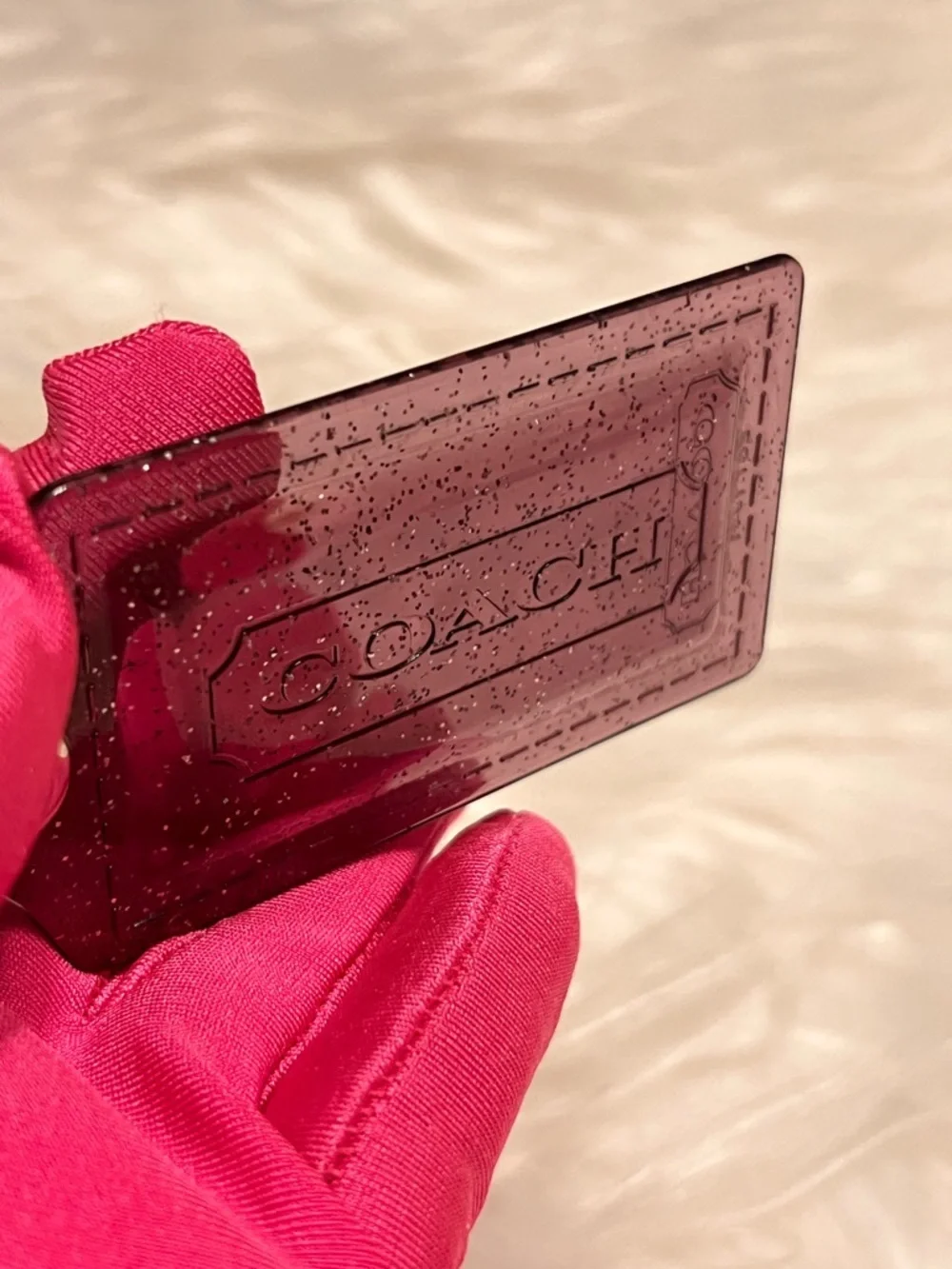 Coach Pink Glitter Acrylic hand tag with unbranded white Poom  poom